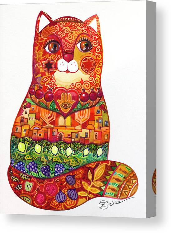 Judaica Folk Cat Canvas Print featuring the painting Judaica Folk Cat by Oxana Zaika