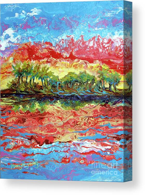 Ocean Abstract Art Canvas Print featuring the painting Lagoon Sunset by Marilyn Young