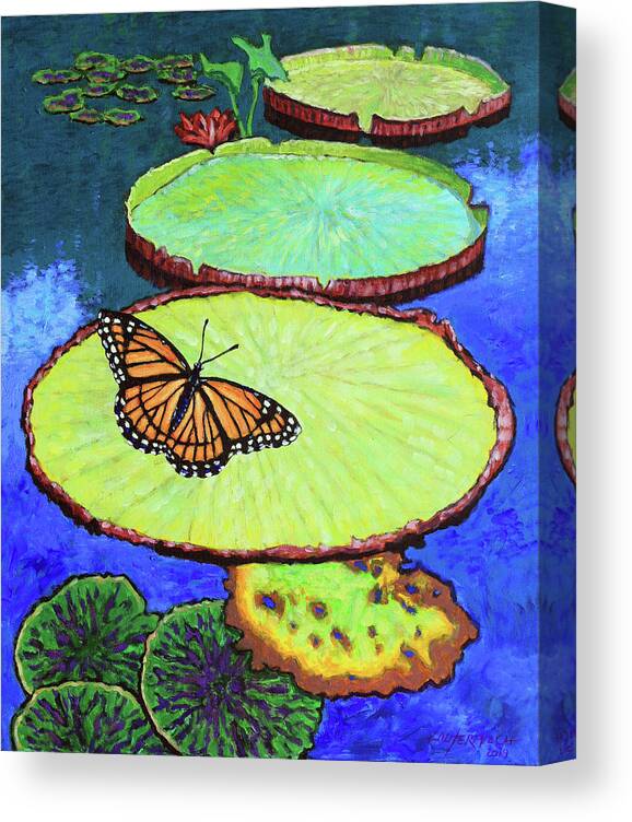 Butterfly Canvas Print featuring the painting Lily Pads and Butterfly by John Lautermilch