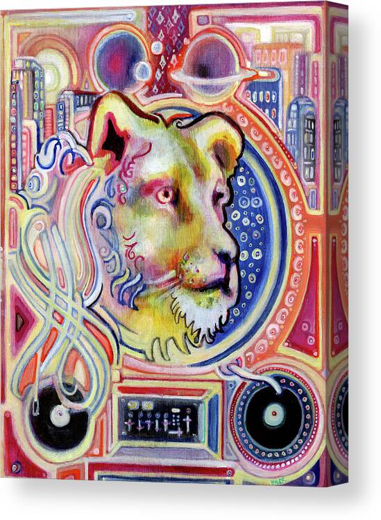 Lion Of Space And City And Sound Canvas Print featuring the painting Lion Of Space And City And Sound by Josh Byer