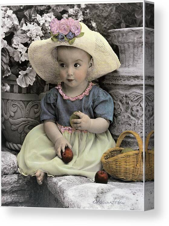 Toddler Girl Sitting On Stone Stairs With Basket Of Apples Canvas Print featuring the photograph Little Apple Annie by Sharon Forbes