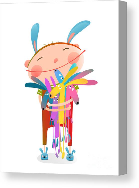 Play Canvas Print featuring the digital art Little Kid Hugging Rabbits Funny Cute by Popmarleo