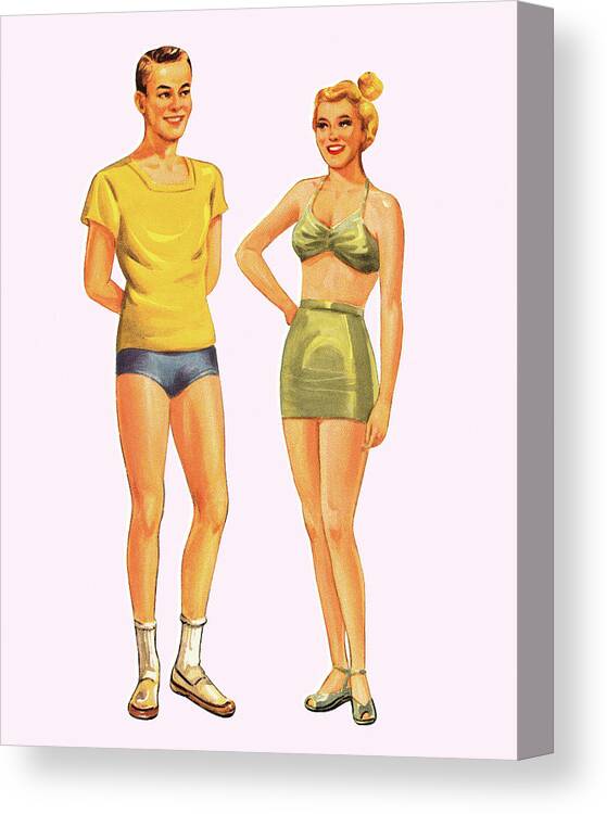 Adult Canvas Print featuring the drawing Man and Woman Wearing Underwear by CSA Images