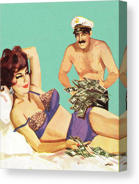 Adult Canvas Print featuring the drawing Man Bringing Money to Woman on Bed by CSA Images Adult Canvas Print featuring the drawing Man Bringing Money to Woman on Bed by CSA Images