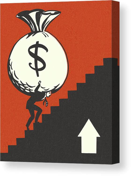 Adult Canvas Print featuring the drawing Man Carrying a Huge Money Bag Up Stairs by CSA Images