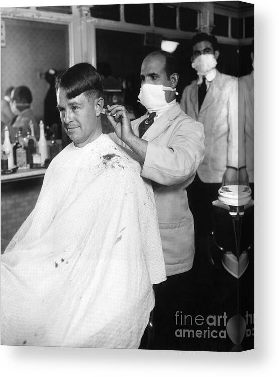 People Canvas Print featuring the photograph Man Getting Haircut From Barber Wearing by Bettmann