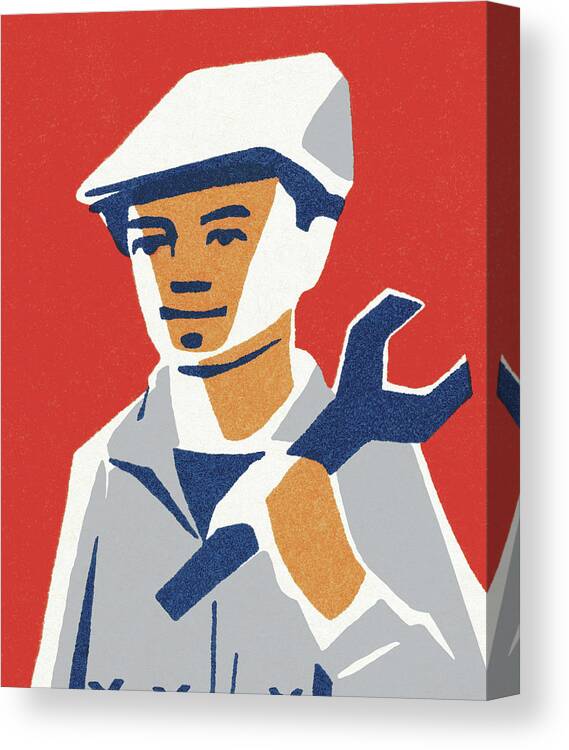 Blue Collar Canvas Print featuring the drawing Man Holding a Wrench by CSA Images