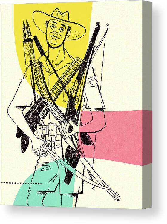 Accessories Canvas Print featuring the drawing Man Holding Many Weapons by CSA Images