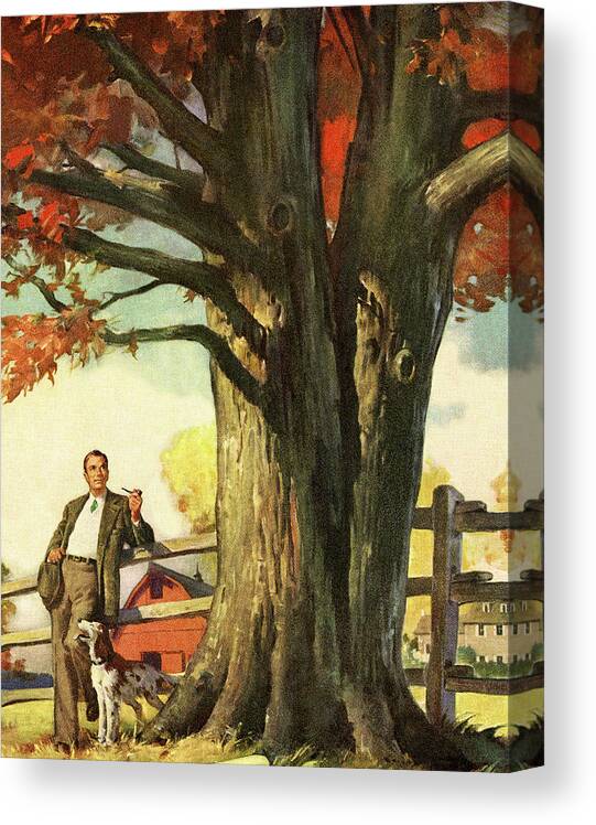 Adult Canvas Print featuring the drawing Man Leaning on a Fence Near a Large Tree by CSA Images