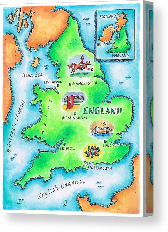 Watercolor Painting Canvas Print featuring the digital art Map Of England by Jennifer Thermes