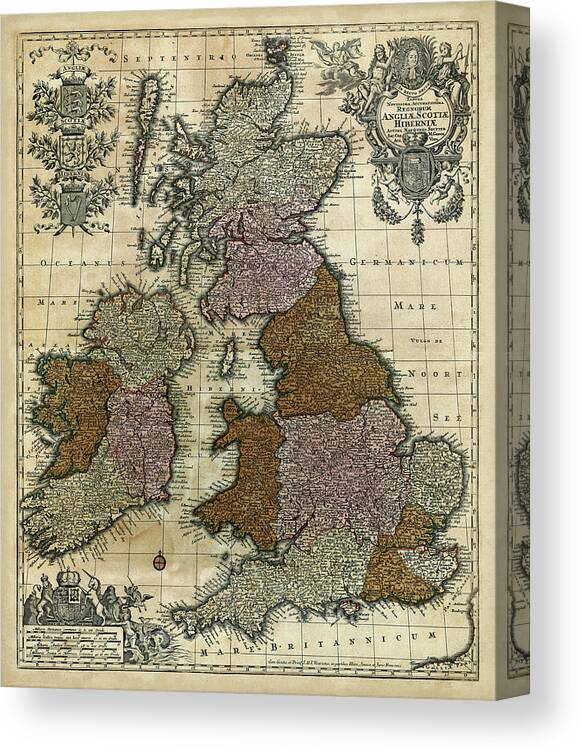 Maps Canvas Print featuring the painting Map Of England, Scotland & Ireland by Unknown