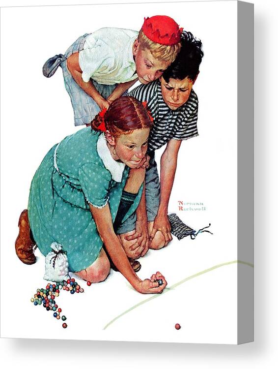 Boys Canvas Print featuring the drawing Marbles Champ by Norman Rockwell