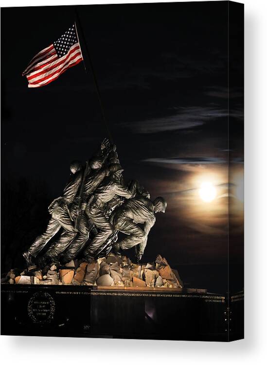 Moon Canvas Print featuring the photograph Marine Corps Iwo Jima Memorial at Moonrise by Steve Ember