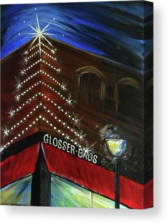 Christmas Canvas Print featuring the painting Meet Me at Glossers by Karen Mesaros