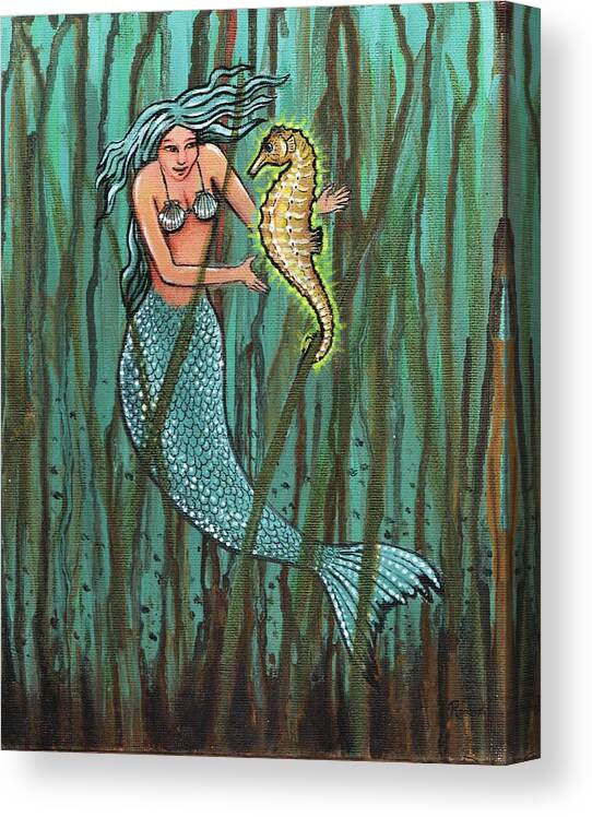 Mermaids Canvas Print featuring the painting Mermaid and the Magic Seahorse by James RODERICK