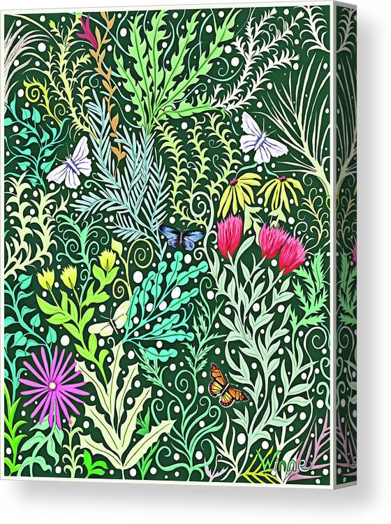 Lise Winne Canvas Print featuring the tapestry - textile Millefleurs Dark Green Tapestry Design with four butterflies by Lise Winne