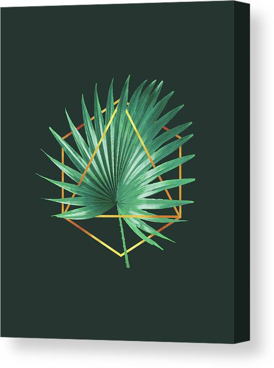 Tropical Palm Leaf Canvas Print featuring the mixed media Minimal Tropical Palm Leaf - Palm and Gold - Gold Geometric Shape - Modern Tropical Wall Art - 2 by Studio Grafiikka