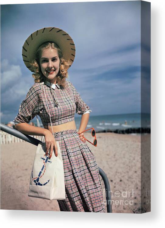 People Canvas Print featuring the photograph Model Wearing Plaid Beach Outfit by Bettmann