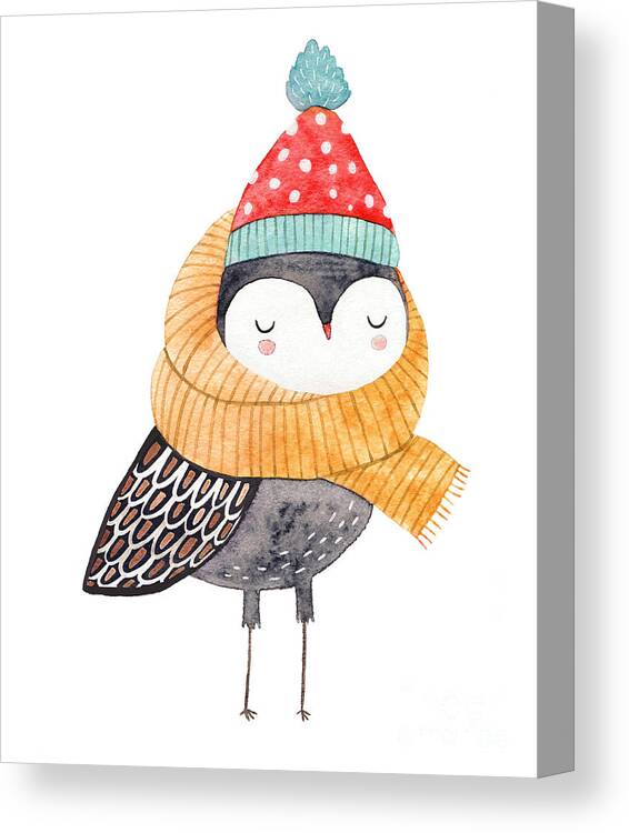Owl Canvas Print featuring the digital art Owl In A Scarf And Hat - Watercolor by Lenaer