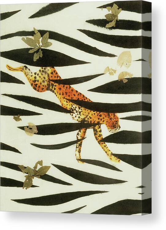Gouache Canvas Print featuring the digital art Painted Collage Of Cheetah, Leaves And by Tess Stone
