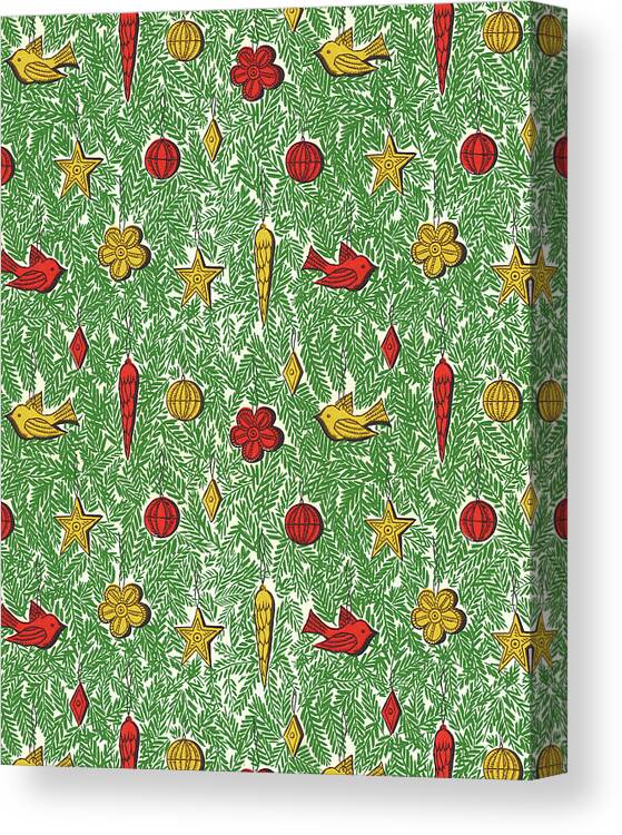Background Canvas Print featuring the drawing Pattern of Christmas Ornaments on Evergreen Branches by CSA Images