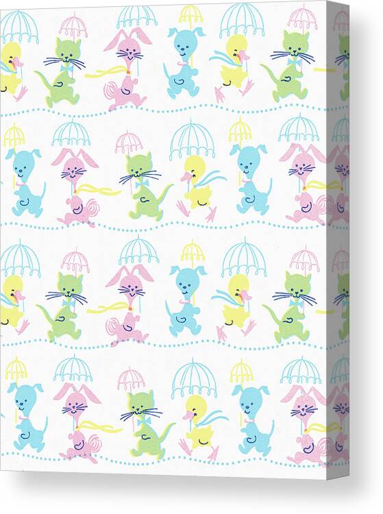 Animal Canvas Print featuring the drawing Pattern of Young Animals Carrying Umbrellas by CSA Images
