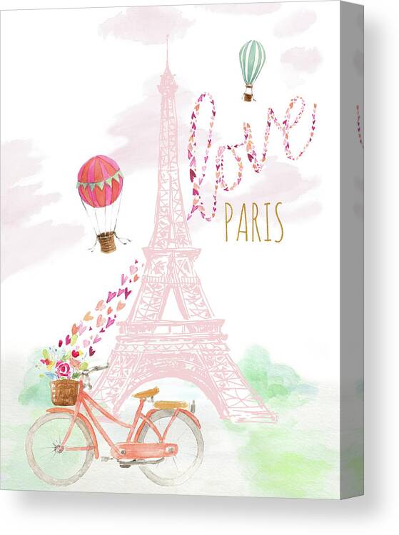 Pink Canvas Print featuring the painting Pink Eiffel Bike Ride by Lanie Loreth