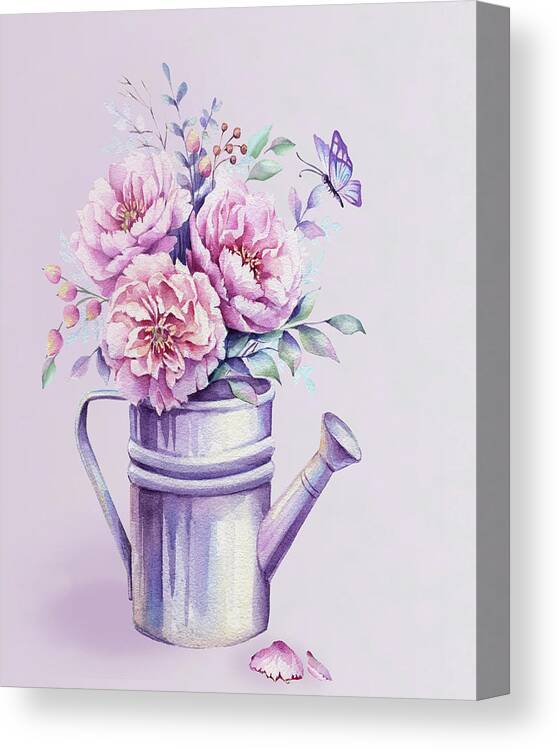 Watercolour Peony Canvas Print featuring the painting Pink Peonies Blooming Watercolour by Georgeta Blanaru