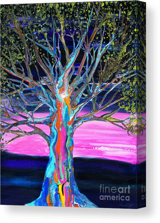Pink Sky Rainbow Colors Tree Canvas Print featuring the painting Pink Sky Rainbow Tree #4371 by Priscilla Batzell Expressionist Art Studio Gallery