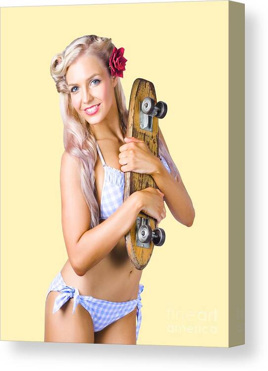 Skate Canvas Print featuring the photograph Pinup woman in bikini holding skateboard by Jorgo Photography