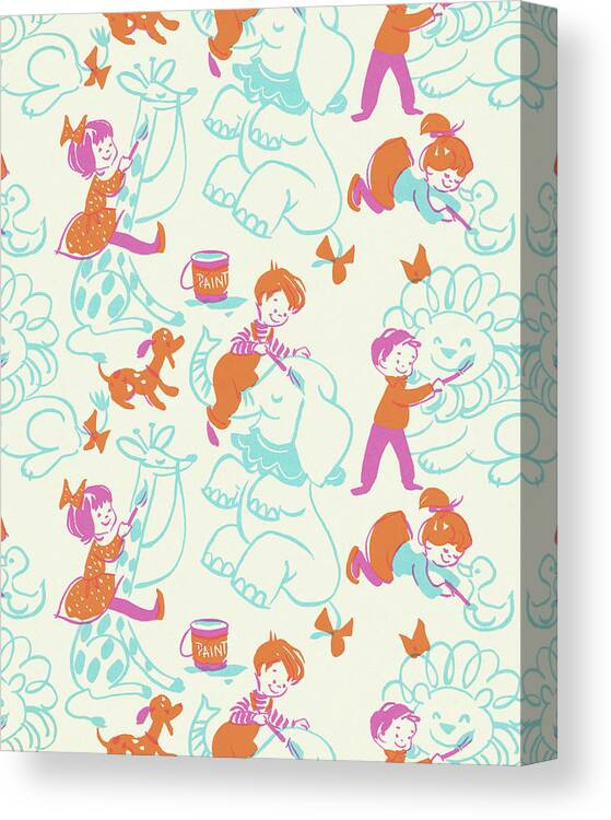 Animal Canvas Print featuring the drawing Playful Children and Animals by CSA Images