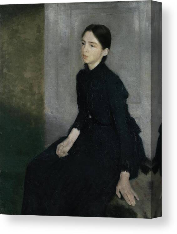 Vilhelm Hammershoi Canvas Print featuring the painting Portrait of a young woman, 1885. The artist's sister Anna Hammershoi. Oil on Canvas. 112 x 91, 5 cm. by Vilhelm Hammershoi