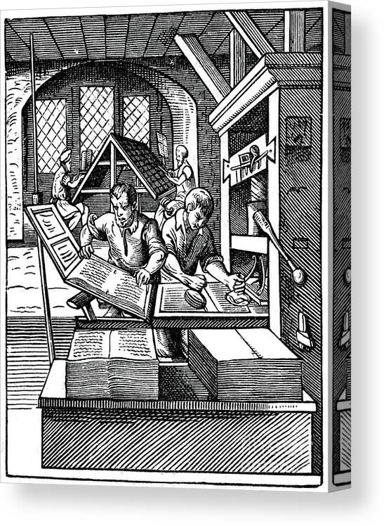 Engraving Canvas Print featuring the drawing Printing Workshop, 16th Century by Print Collector