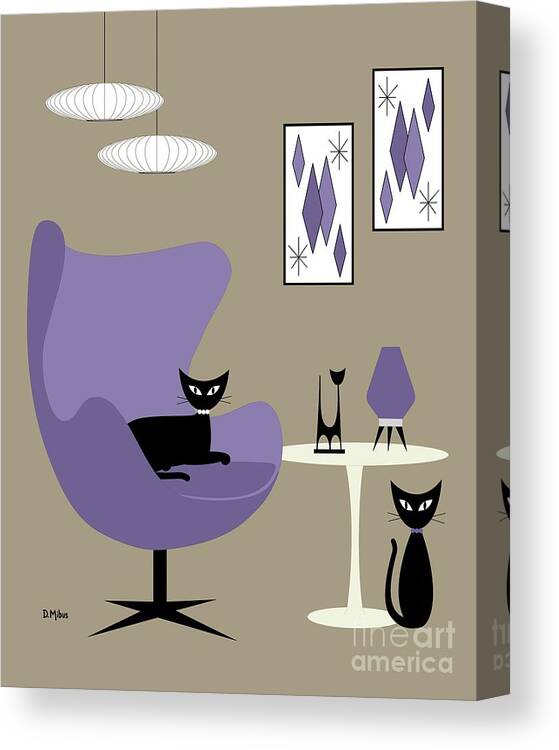 Mid Century Modern Canvas Print featuring the digital art Purple Egg Chair with Cats by Donna Mibus