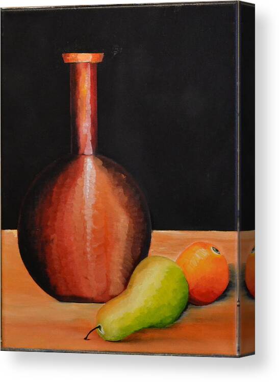 This Is An Oil Painting Of A Red Jar With Fruit On A Table. I Used A Black Background So The Jar And Fruit Stand Out. I Used Bright Colors For The Fruit For A Great Contrast. I Used A Light Color For The Table So The Fruit And Jar Pop Out. The Painting Is 11x14 In Size On A Canvas. I Enjoy Painting Still Life's Because They Are Difficult To Compose And Paint. This Painting Would Fit In Any Home Or Office Decor. I Used White Paint On The Front Of The Jar To Show A Light Reflection. Canvas Print featuring the painting Red Jar and Fruit by Martin Schmidt