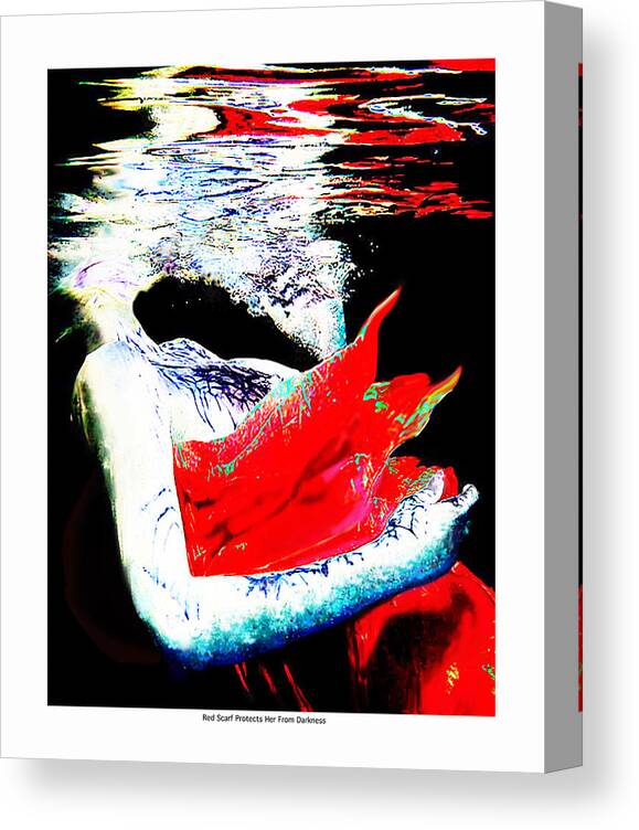 Underwater Canvas Print featuring the digital art Red Scarf protects her from the Darkness by Leo Malboeuf