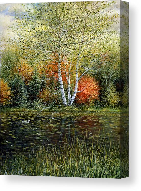 Autumn Trees Reflecting In Pond Canvas Print featuring the painting Reflections Of Autumn by Kevin Dodds