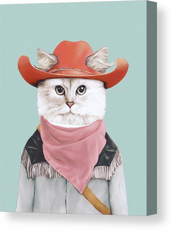 #faatoppicks Rodeo Cat Cowboy Cat Quirky Cat Whimsical Cats Animals In Suits Animals In Clothes Well Dressed Animals Animal Portrait Animal Crew Animal Painting Illustrated Animals Whimsical Illustrated Animals Whimsical Animals Quirky Animals Quirky Quirky Artwork Quirky Paintings Quirky Prints Quirky Decor Quirky Cushions Fun Artwork Lovable Animals Animal Characters Dapper Retro Modern Girls Room Fun Room Decor Canvas Print featuring the painting Rodeo Cat by Animal Crew