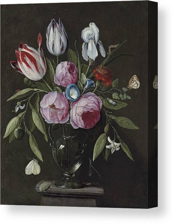 17th Century Art Canvas Print featuring the painting Roses, tulips, an iris and other flowers, in a glass vase on a stone plinth by Jan van Kessel the Elder