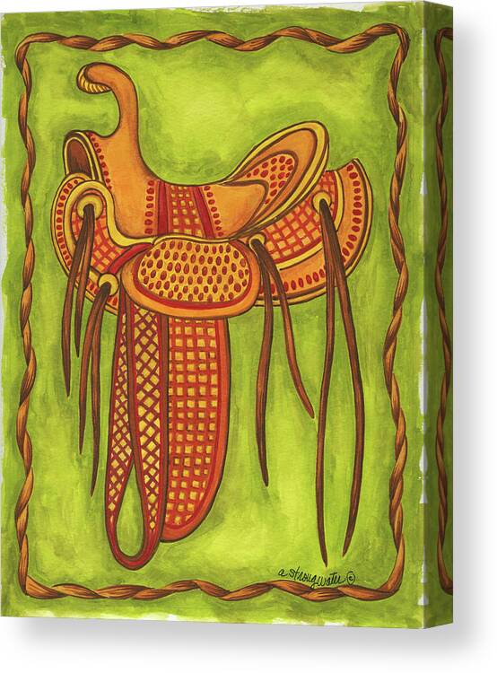 Saddle Orange On Green Canvas Print featuring the painting Saddle Orange On Green by Andrea Strongwater