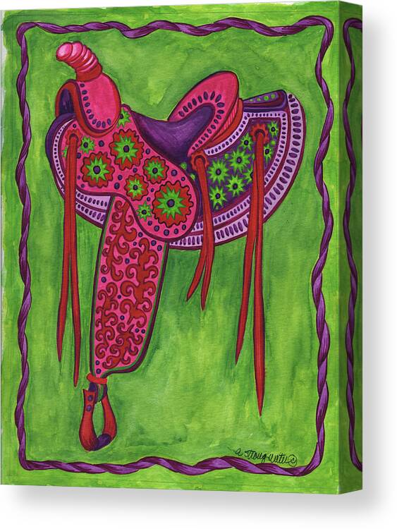 Saddle Pink Purple On Green Canvas Print featuring the painting Saddle Pink Purple On Green by Andrea Strongwater