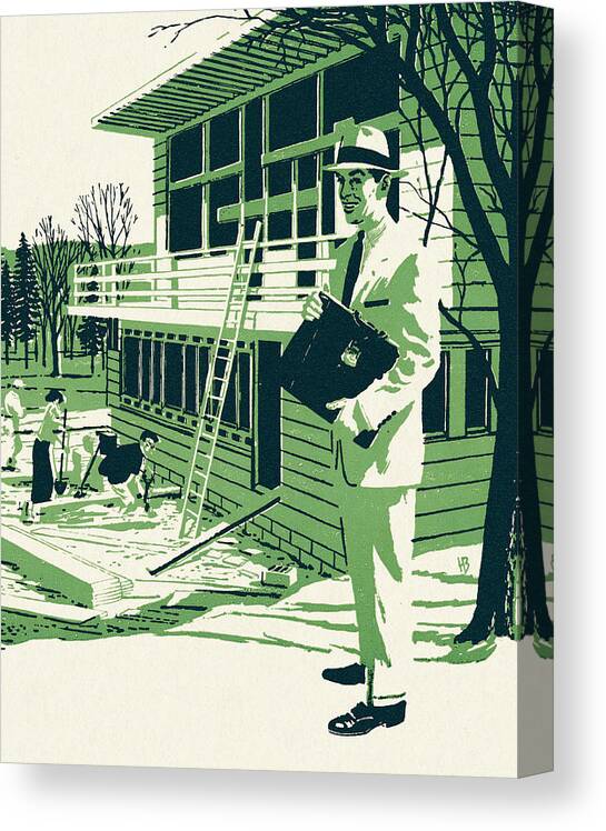 Adult Canvas Print featuring the drawing Salesman Observing the Construction of a Deck by CSA Images