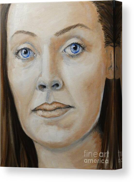 Face Eyes Nose Mouth Ear Hair Chin Smile Highlights Brows Blue Brown White Beige Pink Neck Portrait Canvas Print featuring the painting Sarah by Ida Eriksen