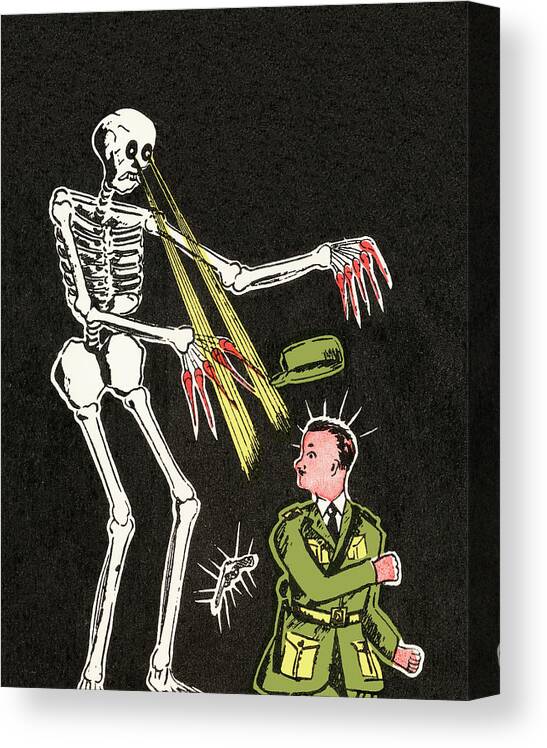 Black Background Canvas Print featuring the drawing Scary skeleton by CSA Images