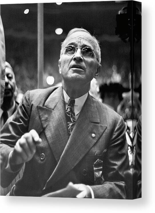 Vertical Canvas Print featuring the photograph Senator Harry Truman responding after his named was called by Alfred Eisenstaedt