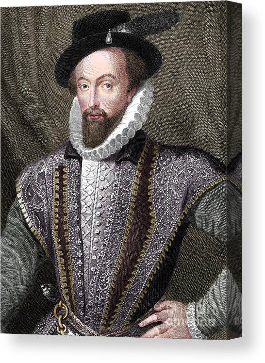 Engraving Canvas Print featuring the drawing Sir Walter Raleigh by Print Collector