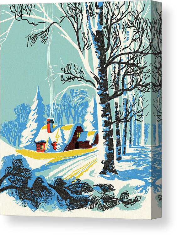 Cabin Canvas Print featuring the drawing Snowy Cabin Scene by CSA Images