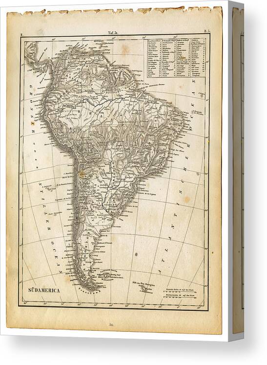 Burnt Canvas Print featuring the photograph South America Map 1840 by Thepalmer