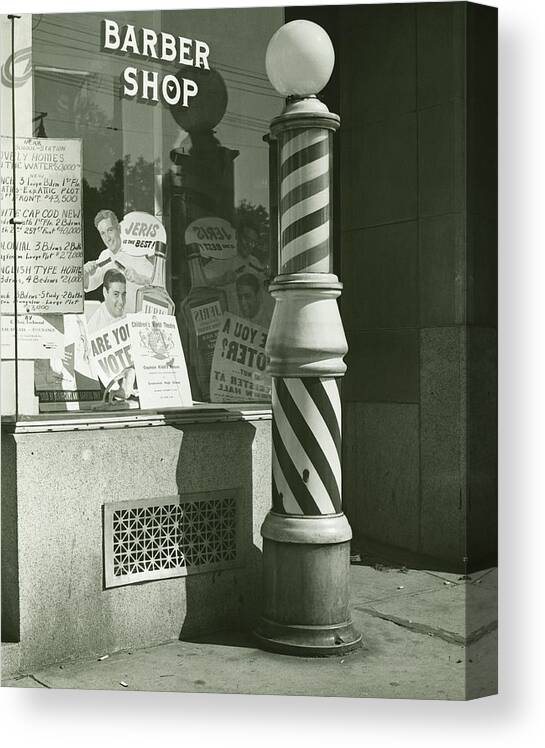 1930-1939 Canvas Print featuring the photograph Striped Barber Pole Outside Shop, B&w by George Marks