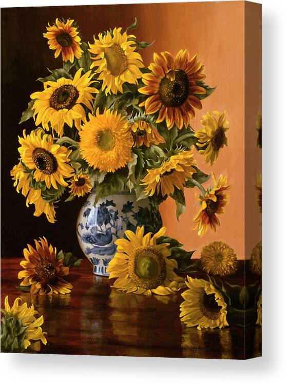Sunflowers Canvas Print featuring the painting Sunflowers In A Blue Willow Vase by Christopher Pierce